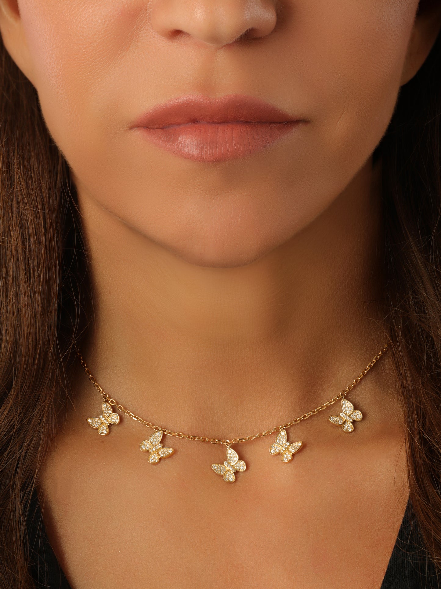 14k Yellow Gold Diamond 5 Dangle Butterfly Necklace