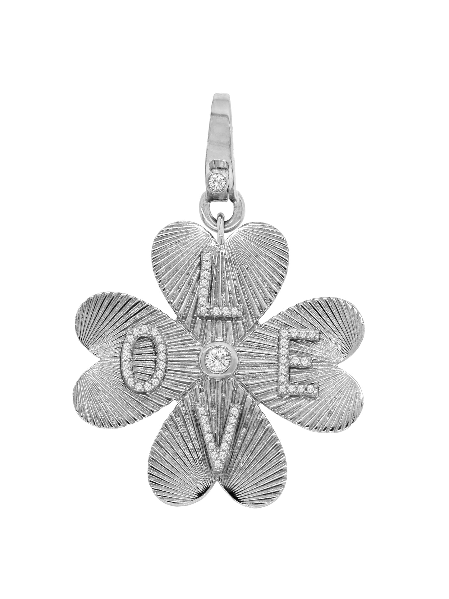 14k White Gold Diamond Large Clover Heart Love Lobster Clasp Charm