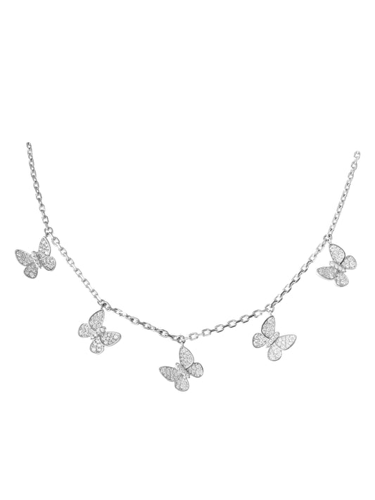 14k White Gold Diamond 5 Dangle Butterfly Necklace