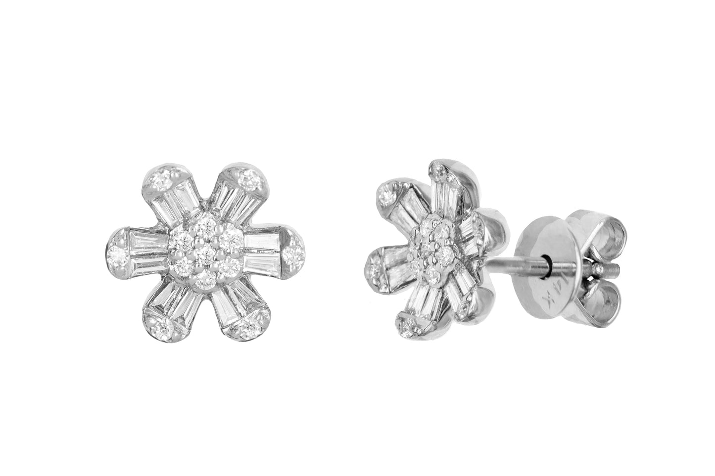 14k White Gold Diamond Baguette Daisy Earrings