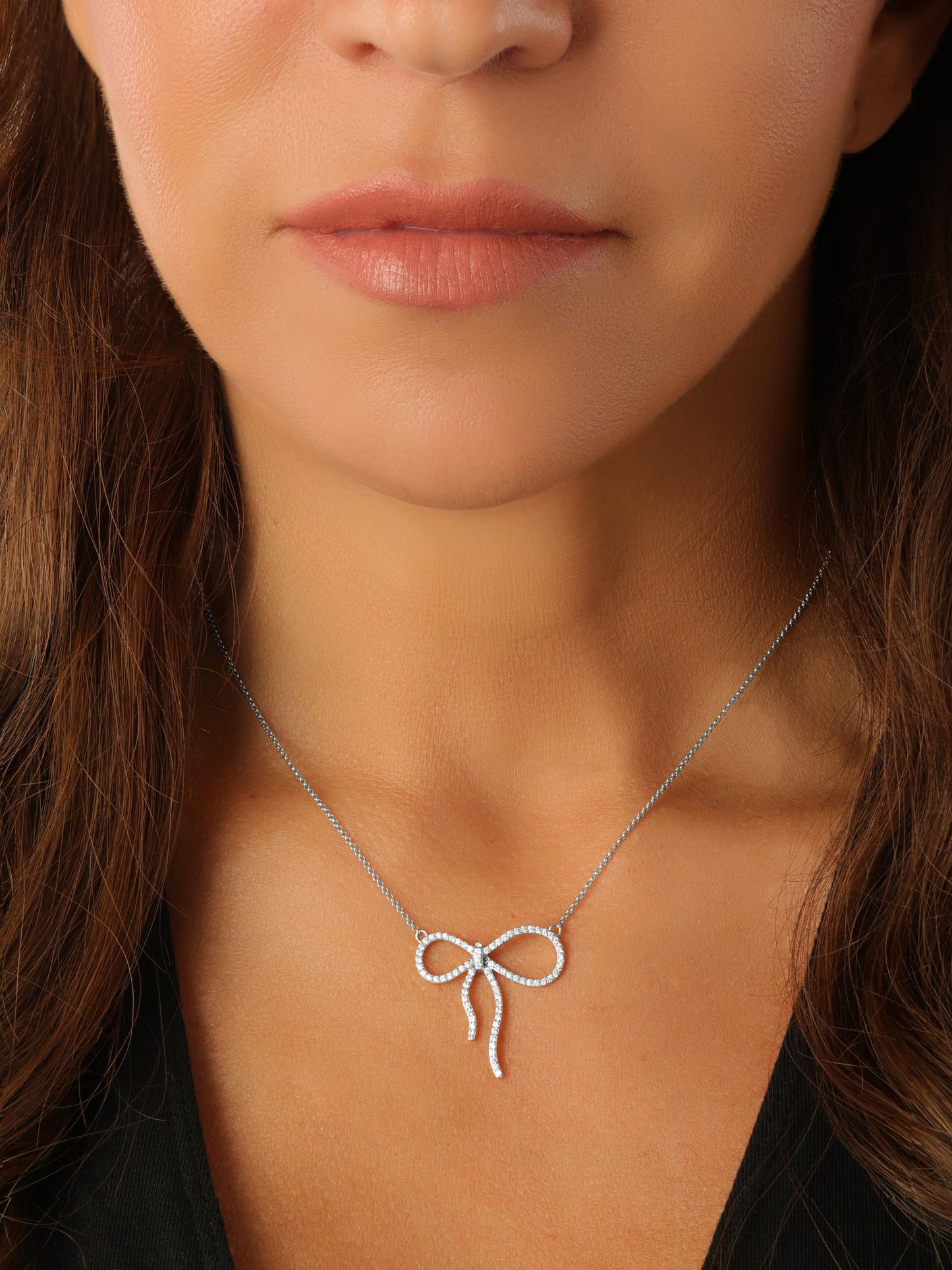 14k White Gold Diamond Bow Necklace