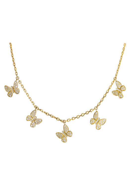 14k Yellow Gold Diamond 5 Dangle Butterfly Necklace
