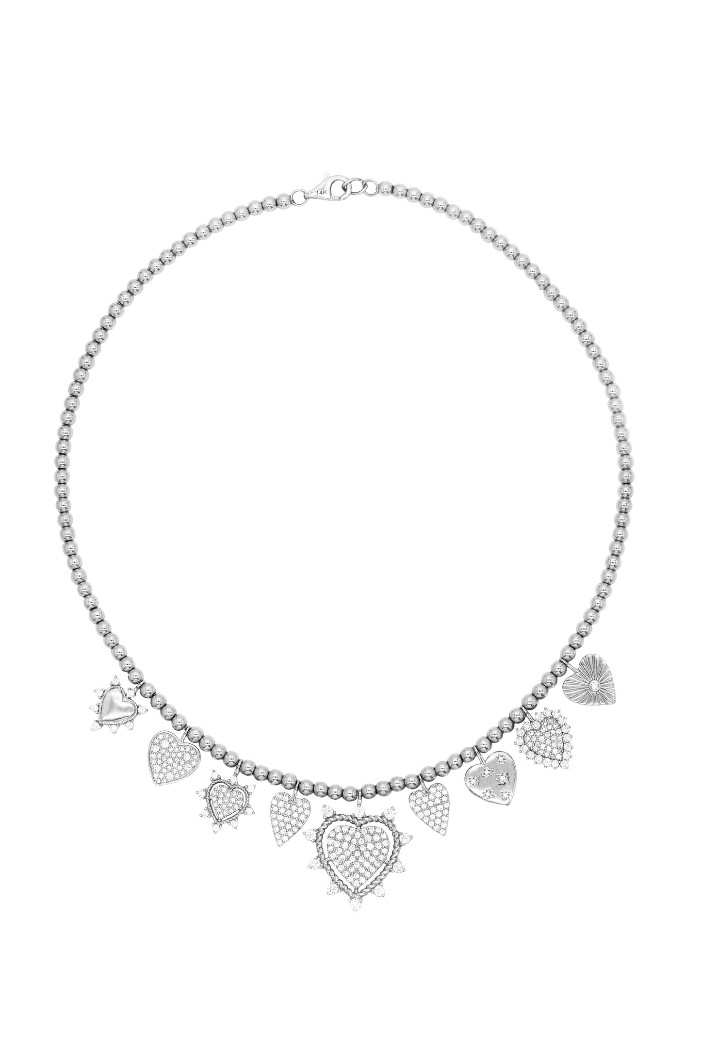 14k White Gold Diamond 9 Heart Charm Necklace