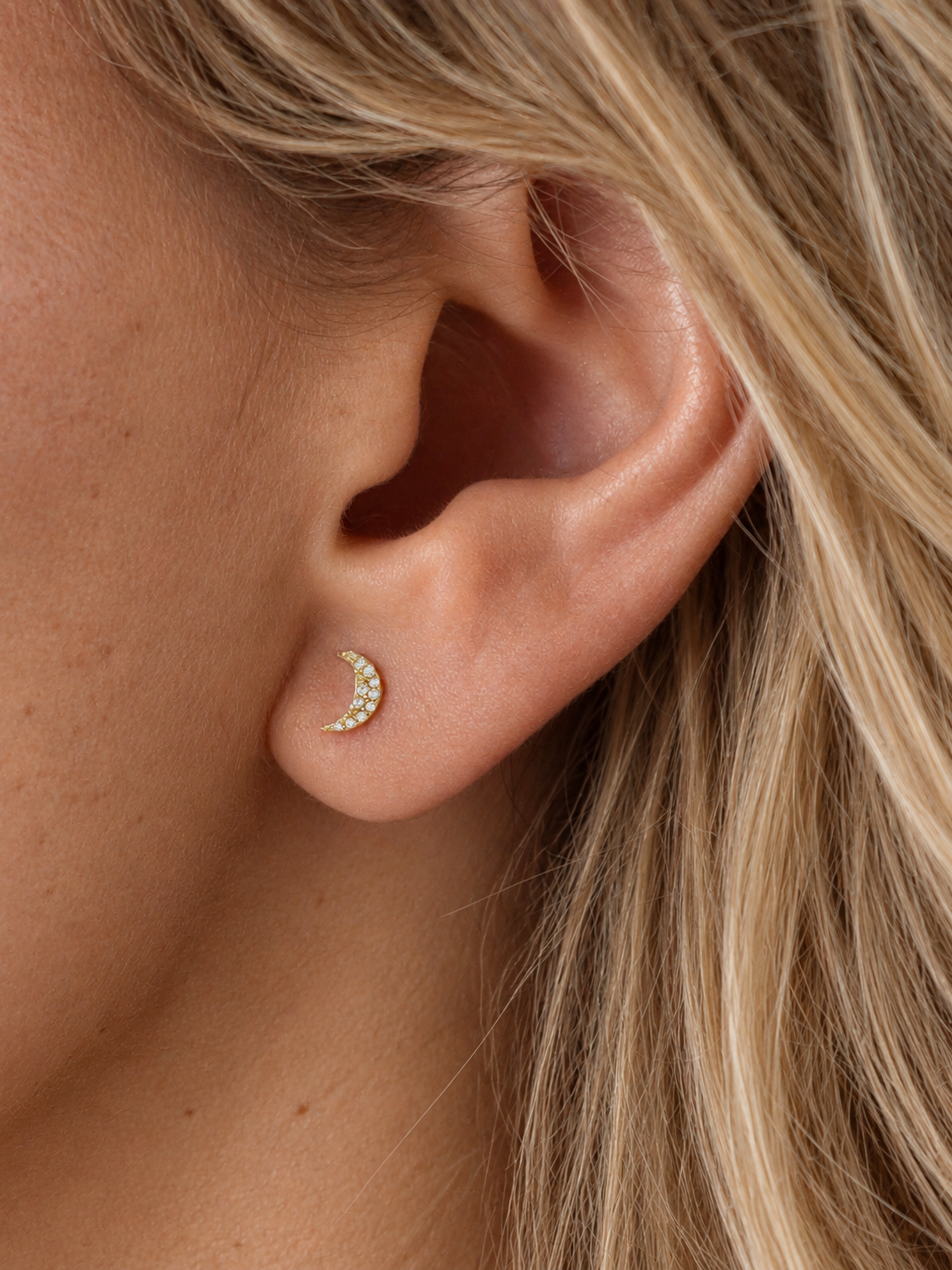 14k Yellow Gold Diamond Moon Stud Earrings