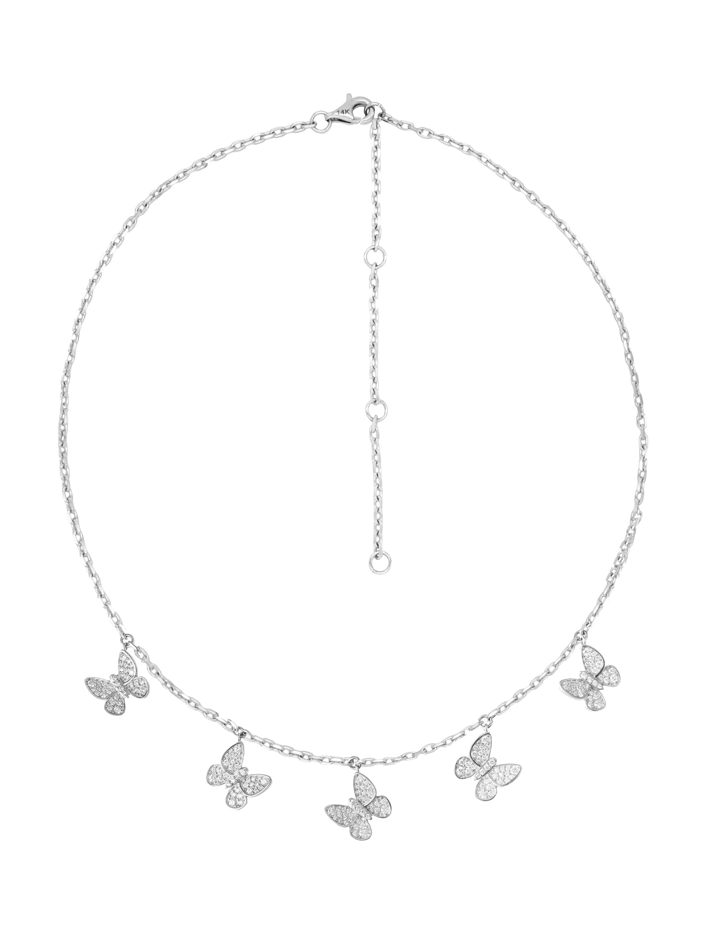 14k White Gold Diamond 5 Dangle Butterfly Necklace