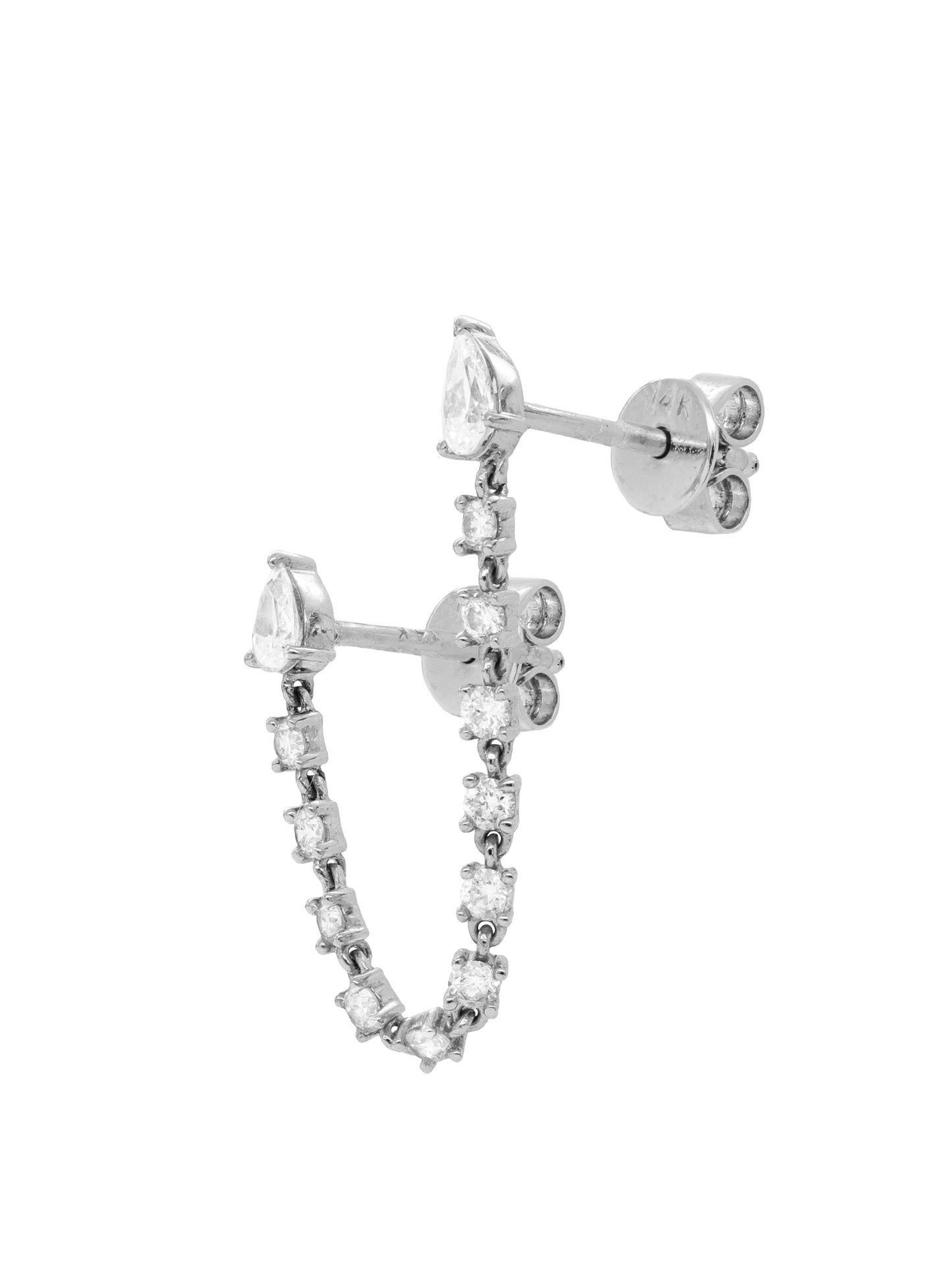 14k White Gold Diamond Double Pear Post Chain Earrings