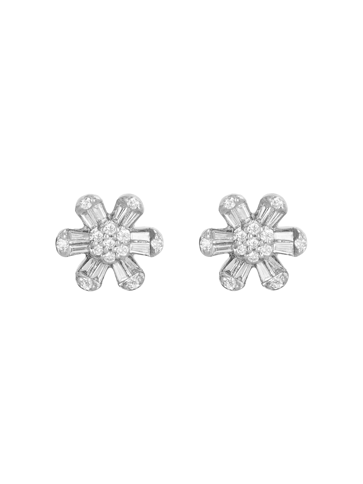 14k White Gold Diamond Baguette Daisy Earrings