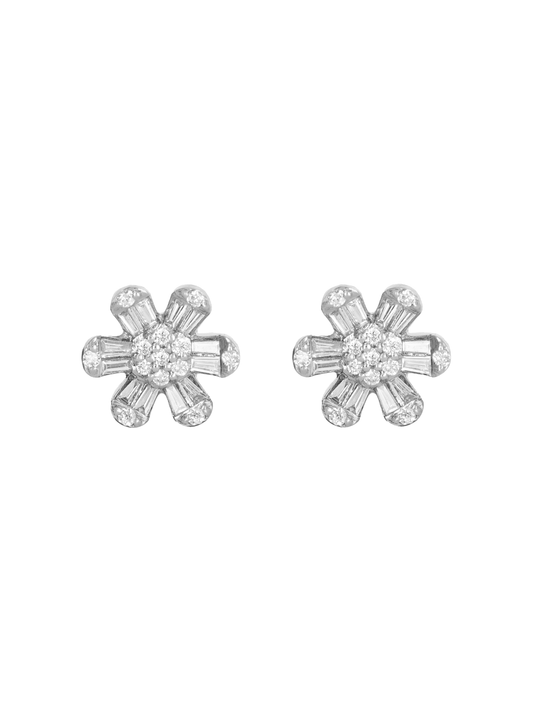14k White Gold Diamond Baguette Daisy Earrings