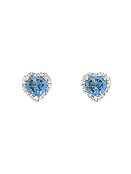 14k White Gold Diamond Blue Topaz Heart Earrings