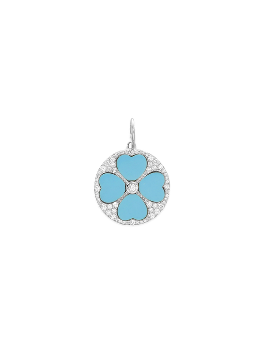 14k White Gold Diamond/Blue Turquoise Heart Coin Charm