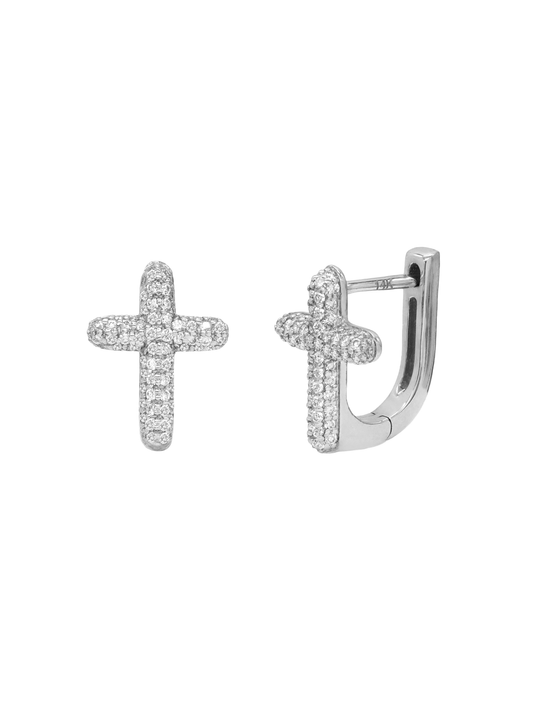 14k White Gold Diamond Bubble Pave Cross Earrings