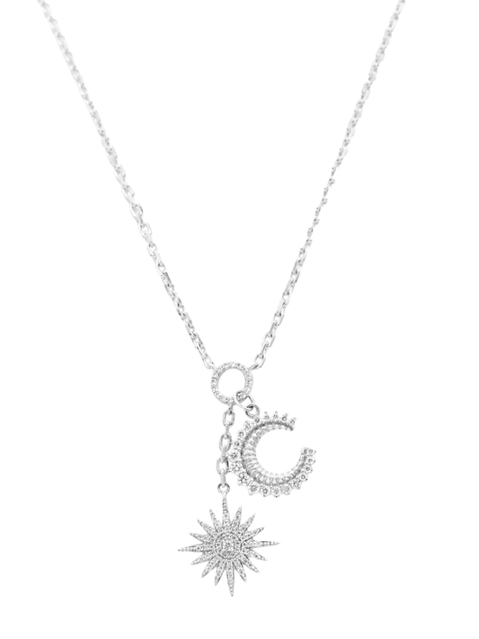 14k White Gold Diamond Celestial Moon and Star Charm Necklace