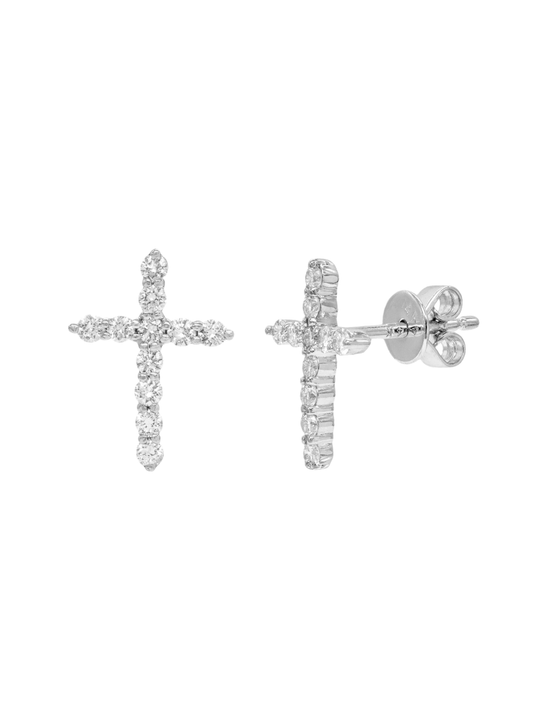 14k White Gold Diamond Cross Earrings