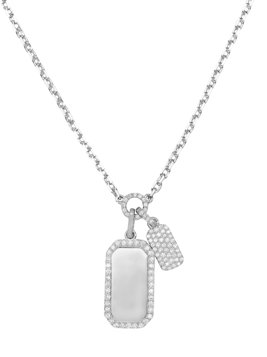 14k White Gold Diamond Double Dog Tag Necklace