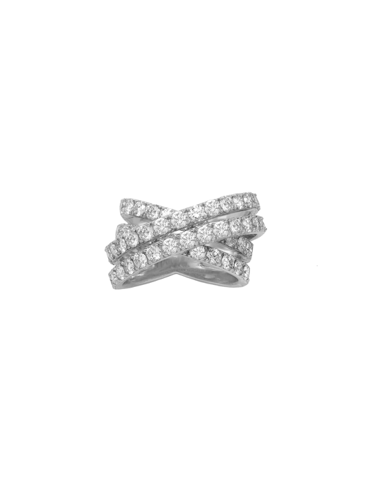 14k White Gold Diamond Double Row Cross Over Ring