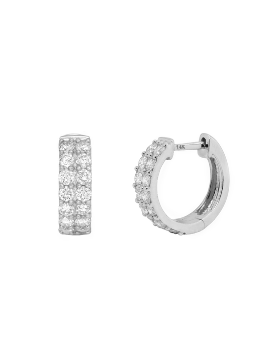 14k White Gold Diamond Double Row Huggie Earrings