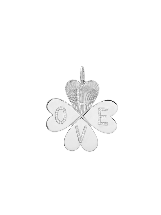 14k White Gold Diamond Large Clover Heart Love Charm