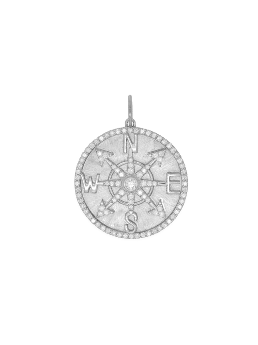 14k White Gold Diamond Large Compass Coin Charm