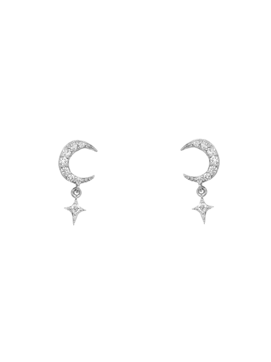14k White Gold Diamond Moon and Star Earrings