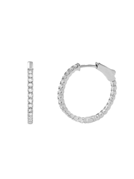 14k White Gold Diamond 1 inch Hoop Earrings