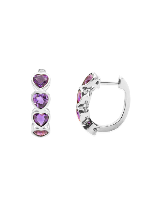 14k White Gold Heart Amethyst Huggie Earrings