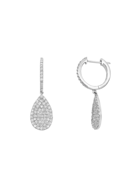 14k White Gold Pave Diamond Teardrop Huggie Earrings