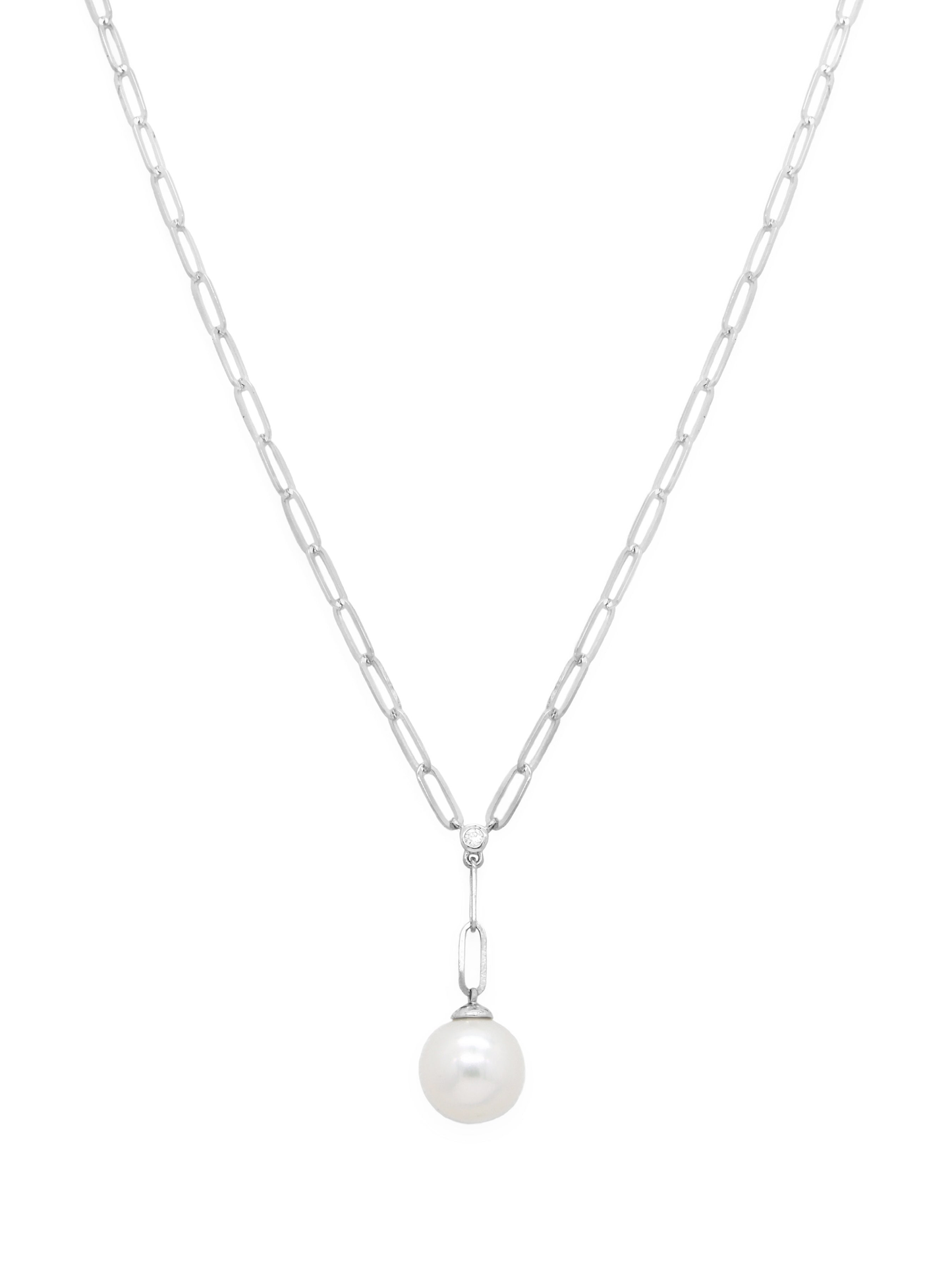 14k White Gold Pearl/Diamond Paperclip Necklace