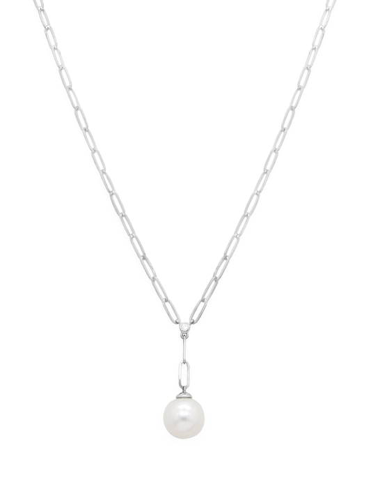 14k White Gold Pearl/Diamond Paperclip Necklace