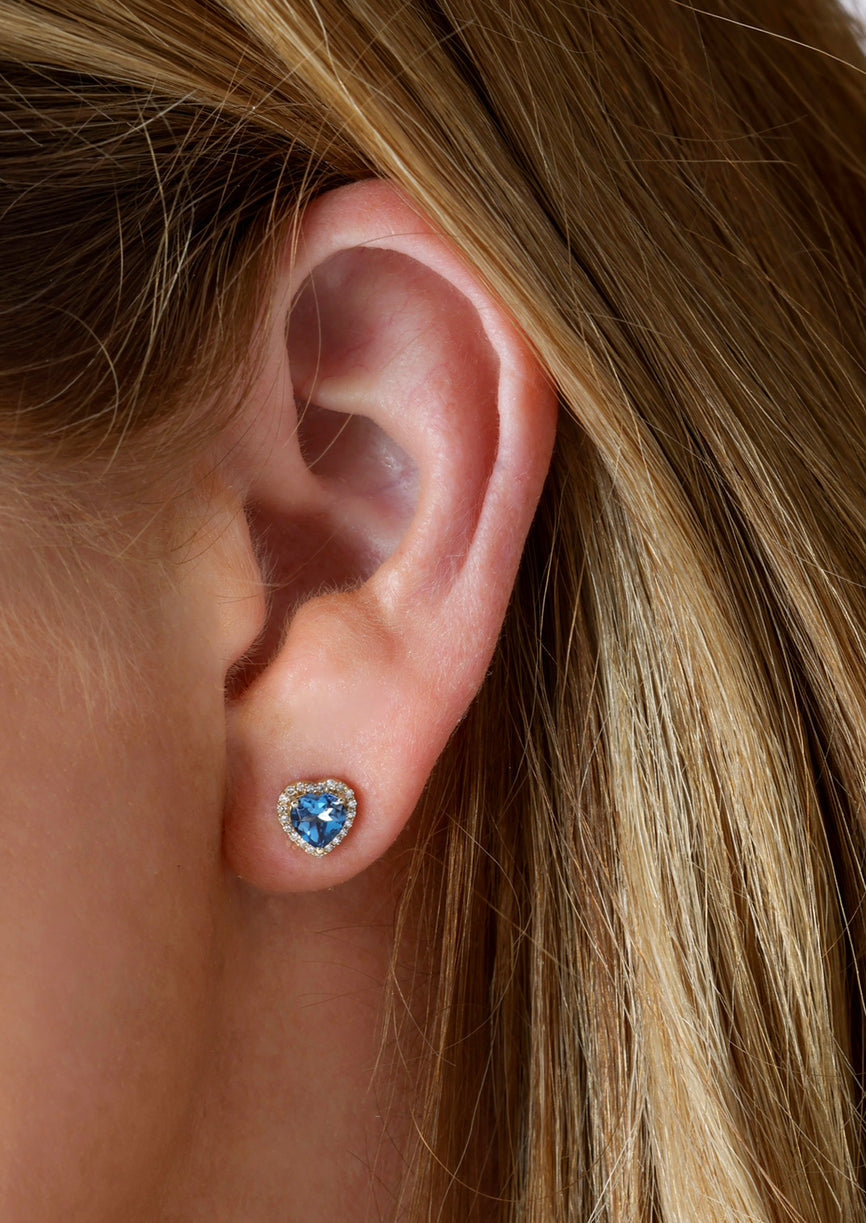 14k Yellow Gold Diamond Blue Topaz Heart Earrings