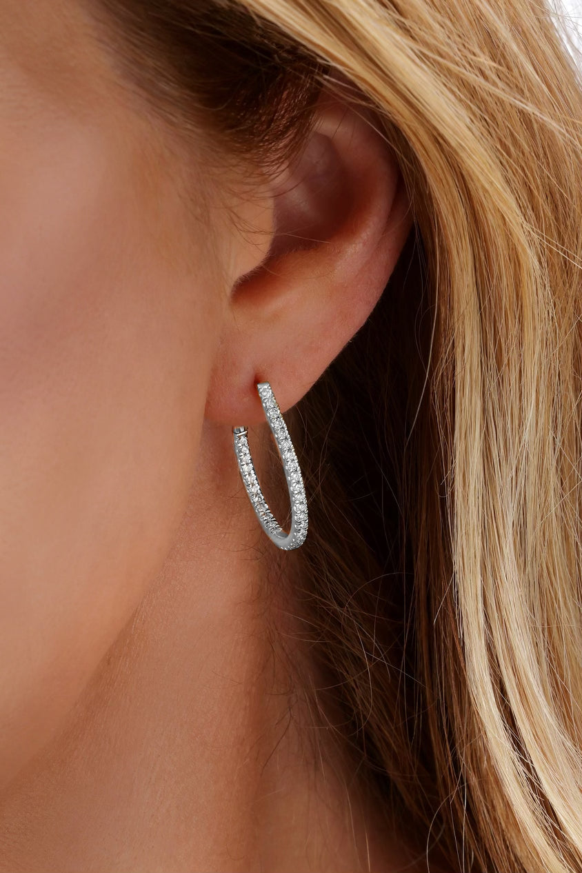 14k White Gold Diamond Oval Hoop Earrings
