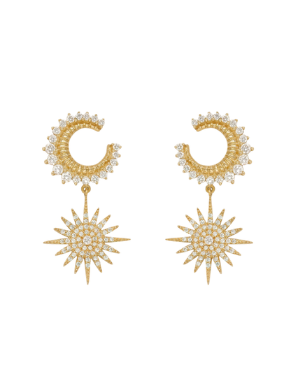 14k Yellow Gold Diamond Celestial Moon and Star Earrings