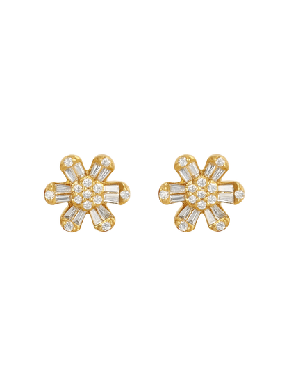 14k Yellow Gold Diamond Baguette Daisy Earrings