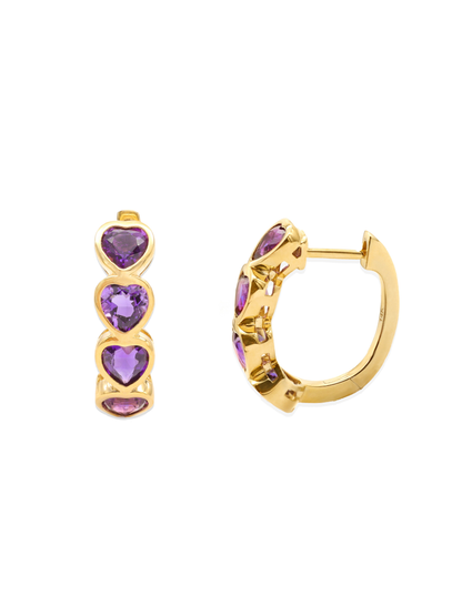 14k Yellow Gold Heart Amethyst Huggie Earrings