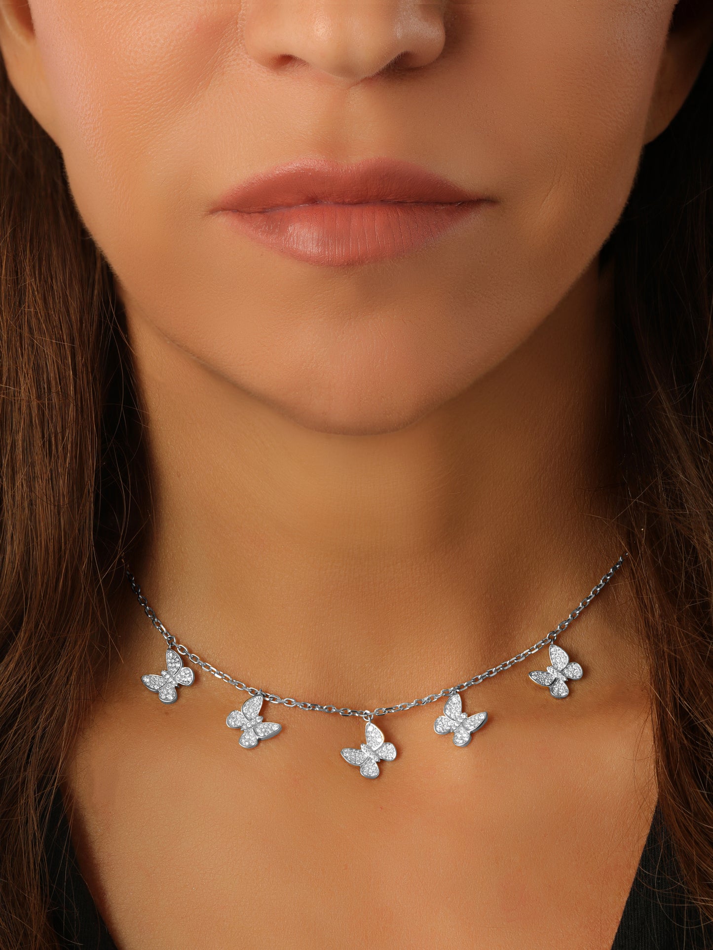 14k White Gold Diamond 5 Dangle Butterfly Necklace