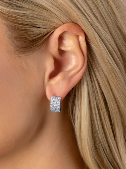 14k White Gold Diamond Pave 6 Row Huggie Earrings