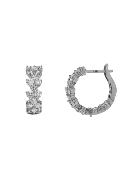 14k White Gold Diamond Double Row Triangle Small Hoop Earrings