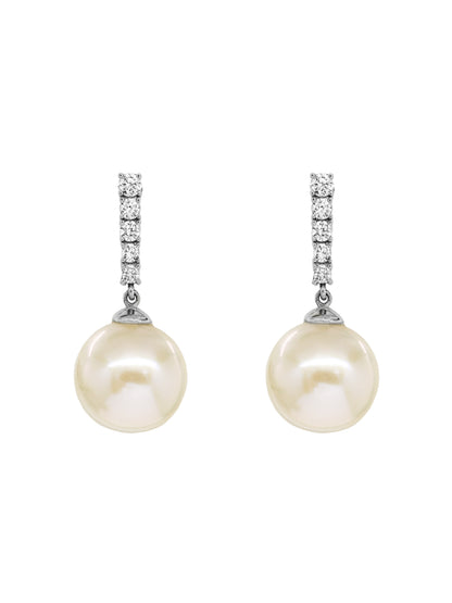 14k White Gold Large Pearl Diamond Bar Earrings