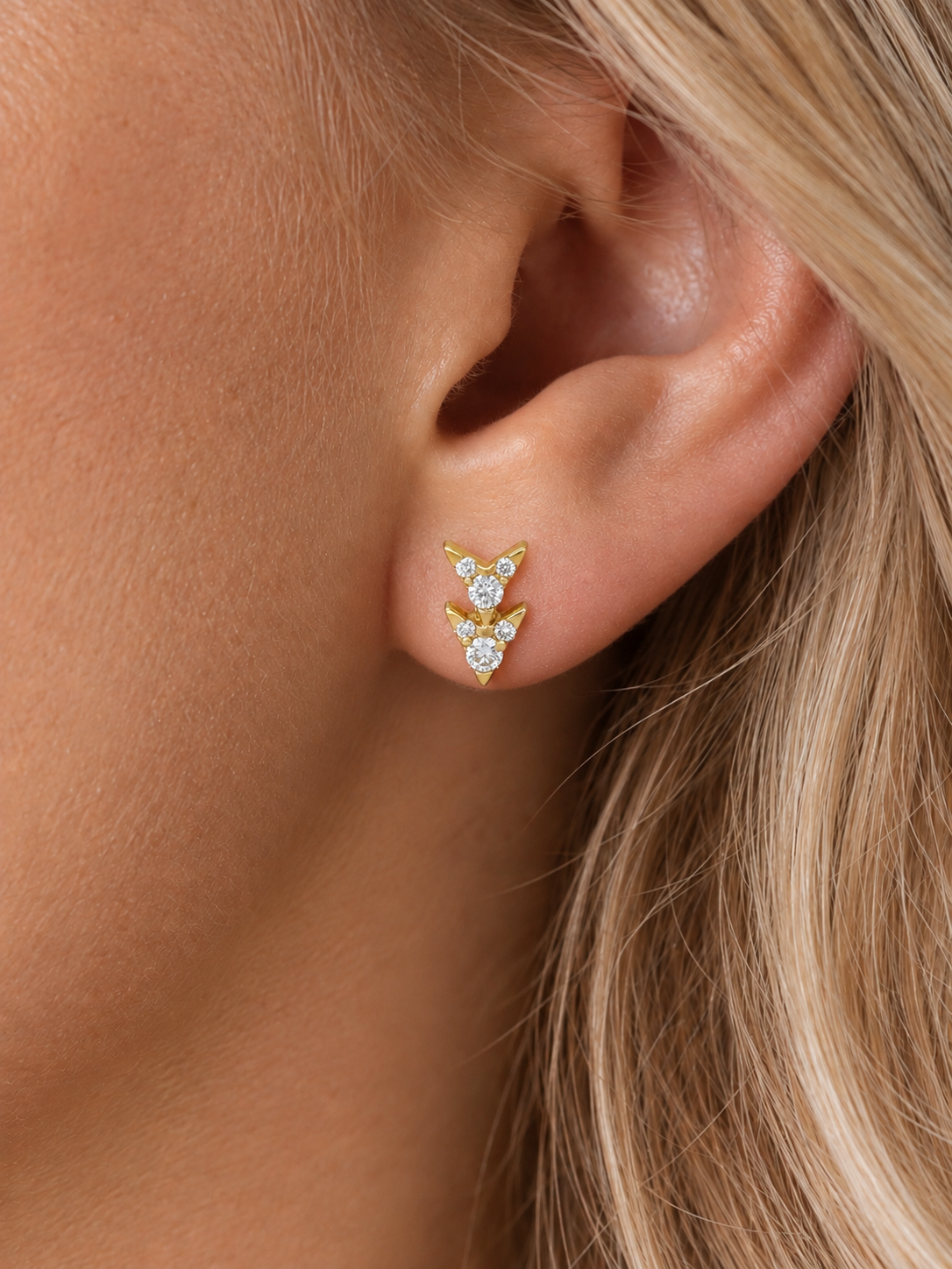 14k Yellow Gold Diamond Double Arrow Earrings