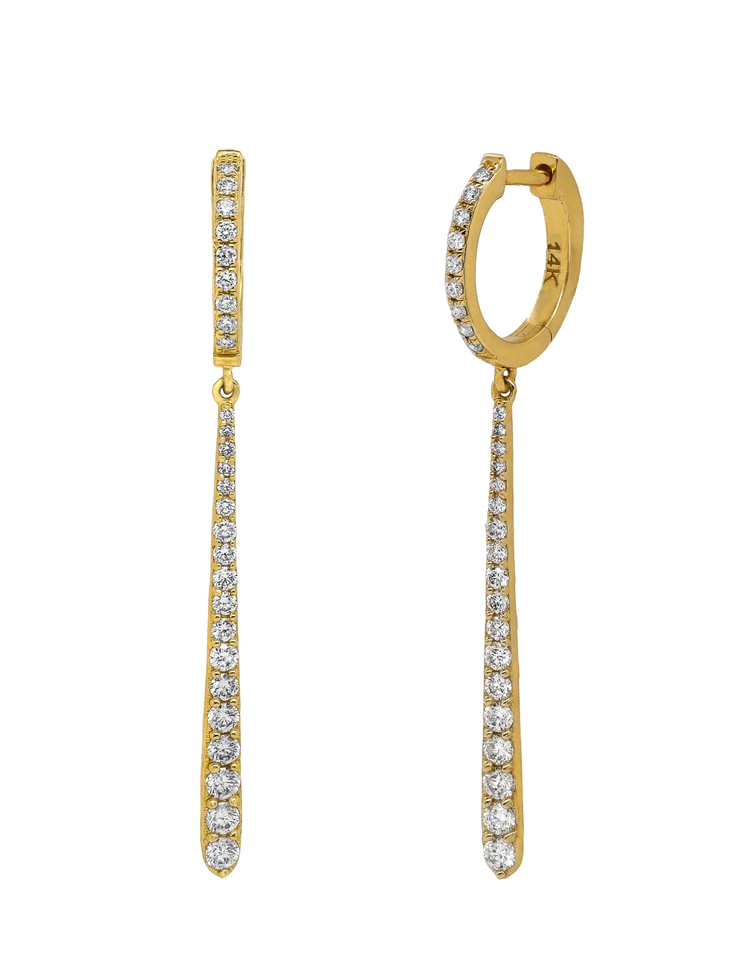 14k Yellow Gold Diamond Bar Drop Huggie Earrings