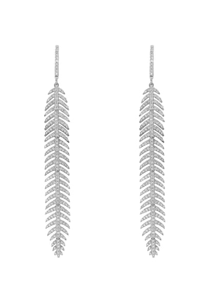 14k White Gold Diamond Feather Earrings