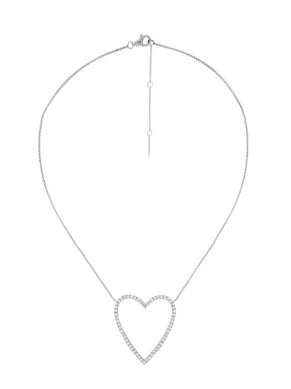 14k White Gold Diamond Large Open Heart Necklace