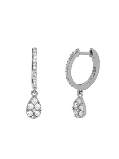 14k White Gold Diamond Pear Dangle Huggie Earrings