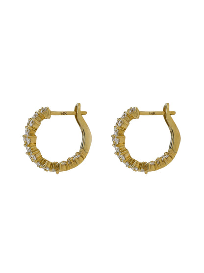 14k Yellow Gold Diamond Double Row Triangle Small Hoop Earrings