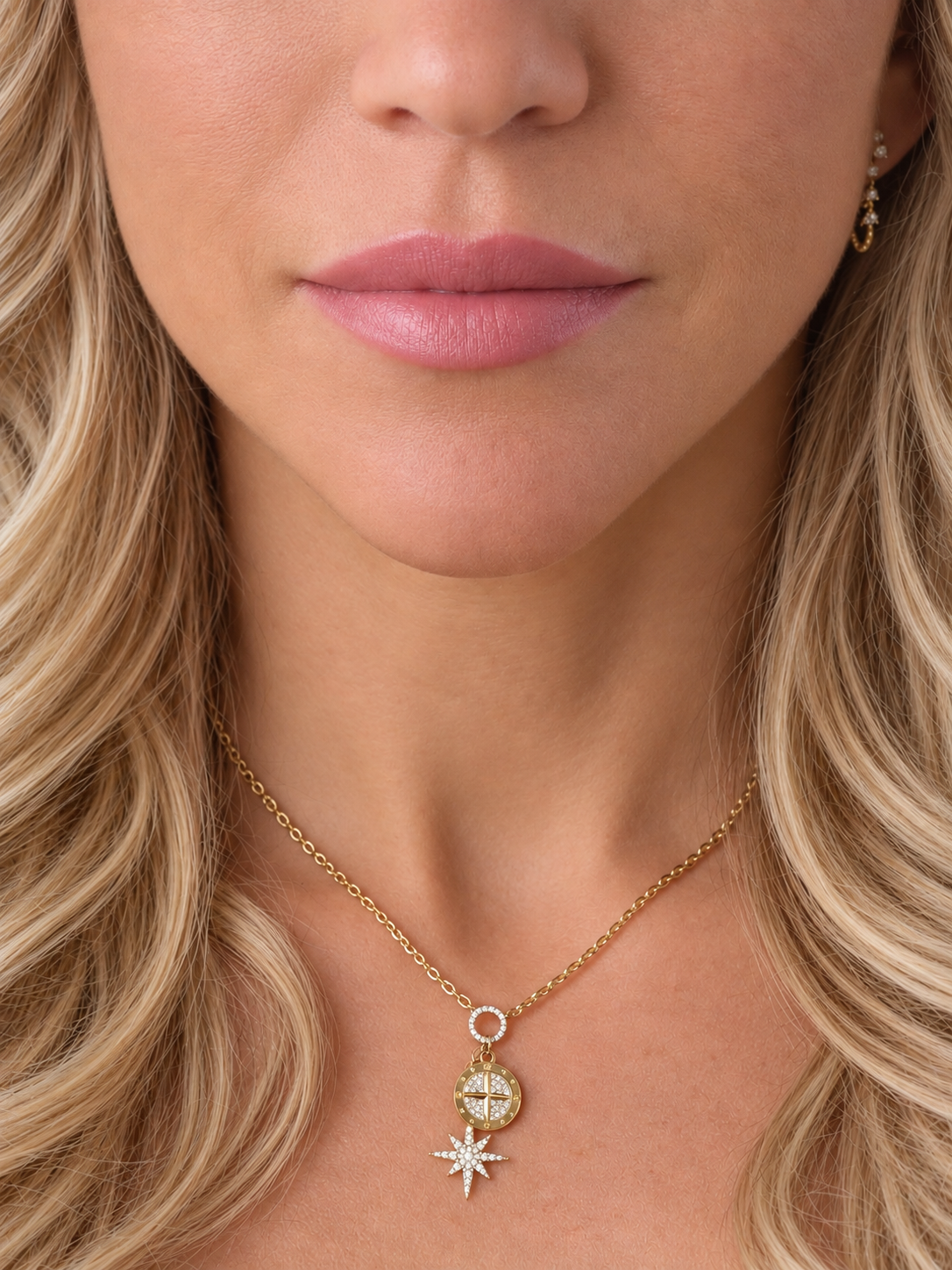 14k Yellow Gold Diamond Compass North Star Charm Necklace