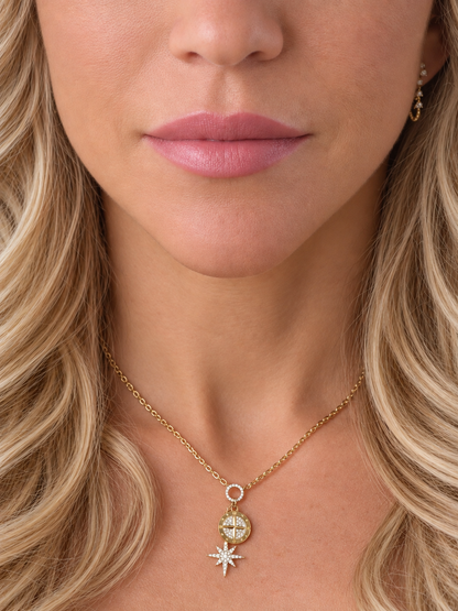 14k Yellow Gold Diamond Compass North Star Charm Necklace