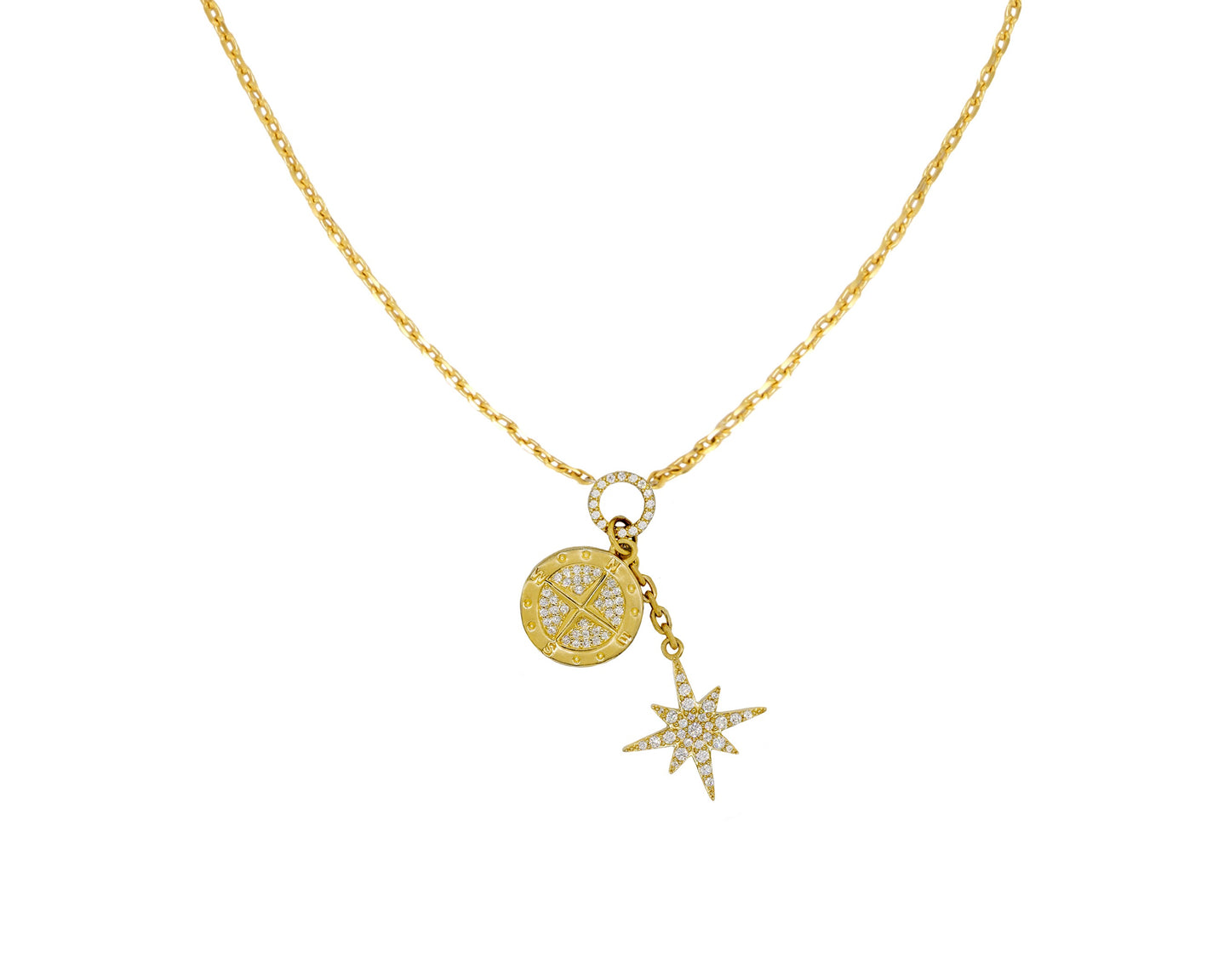 14k Yellow Gold Diamond Compass North Star Charm Necklace