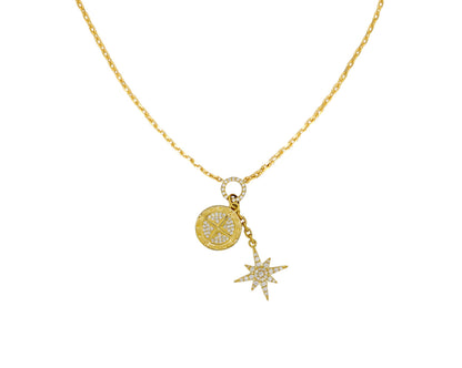 14k Yellow Gold Diamond Compass North Star Charm Necklace