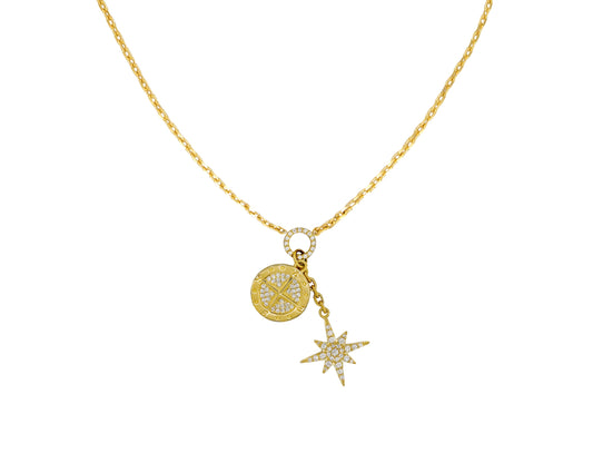 14k Yellow Gold Diamond Compass North Star Charm Necklace