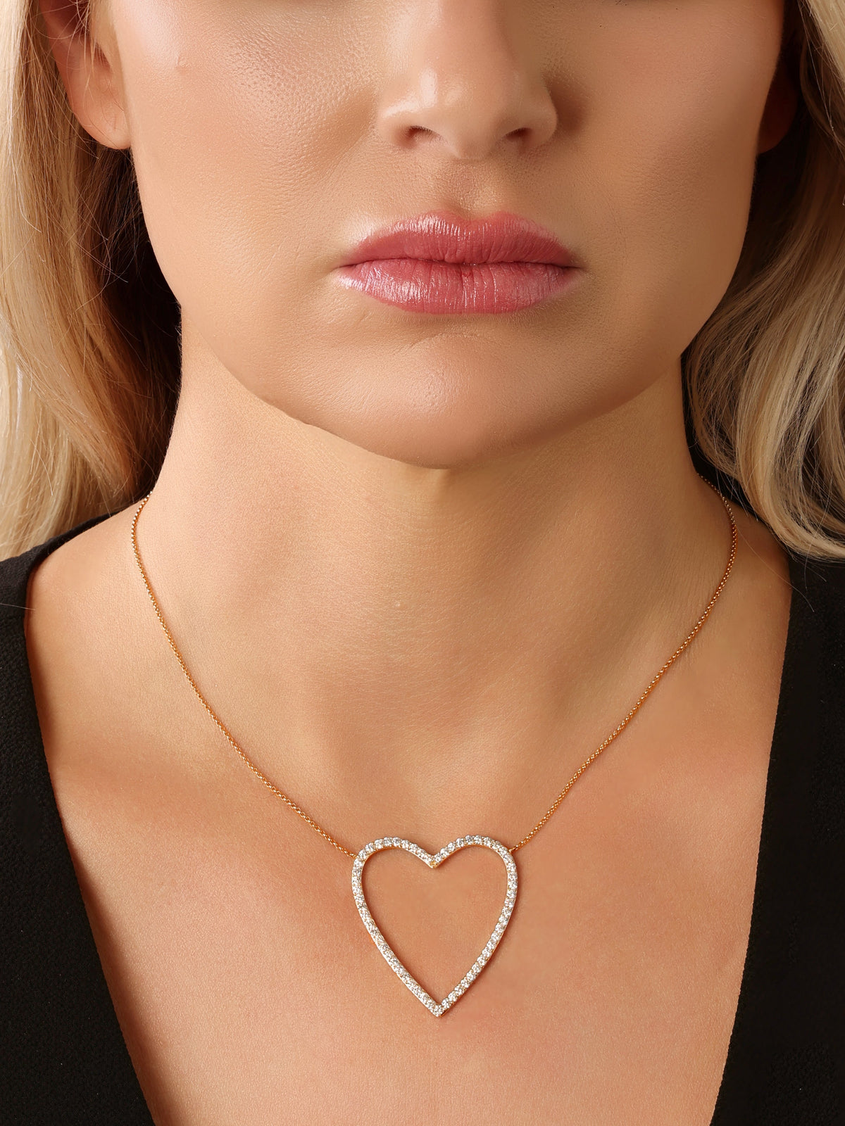 14k Yellow Gold Diamond Large Open Heart Necklace