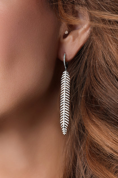 14k White Gold Diamond Feather Earrings